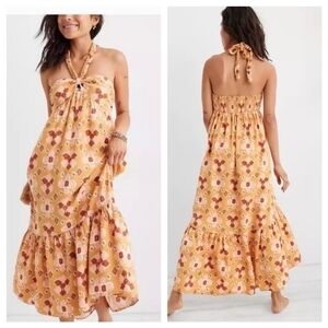 Aerie Yellow Pink Boho Halter Maxi Dress Small NWT